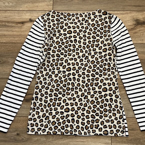 Women's Boden Benton Pocket T Shirt SZ 4 Striped Leopard Print Cotton L/S - Picture 10 of 10